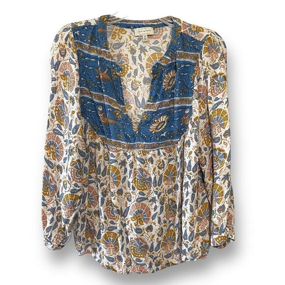 Lucky Brand Women's Multi-color Printed Evelyn Peasant Top Blue Medium - Picture 1 of 9